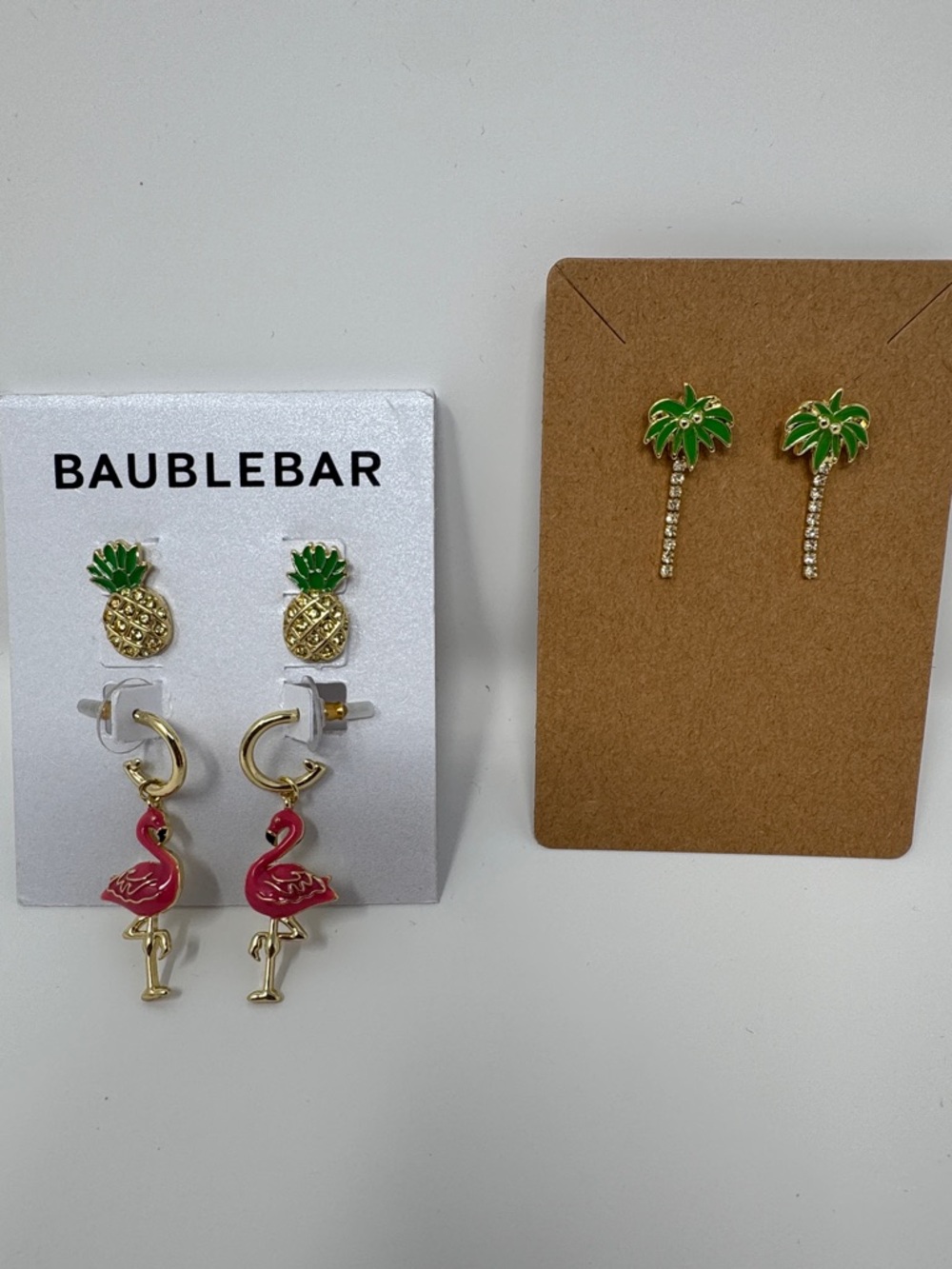 BaubleBar Tropical Flamingo Palm Tree and Pineapple Earring Set In Box